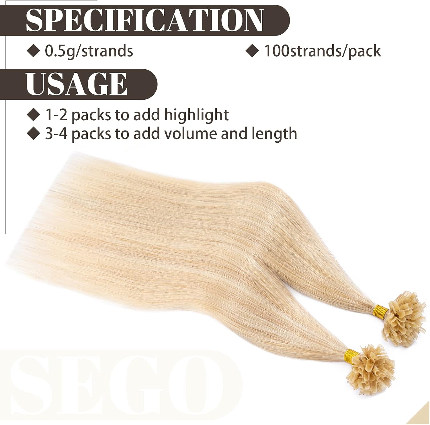 Thumbnail 3 de SEGO Extension con cheratina in capelli 100% Remy, set da 100 ciocche pre-bonded senza clip, 50 cm (50 g), colore 18P613 biondo cenere