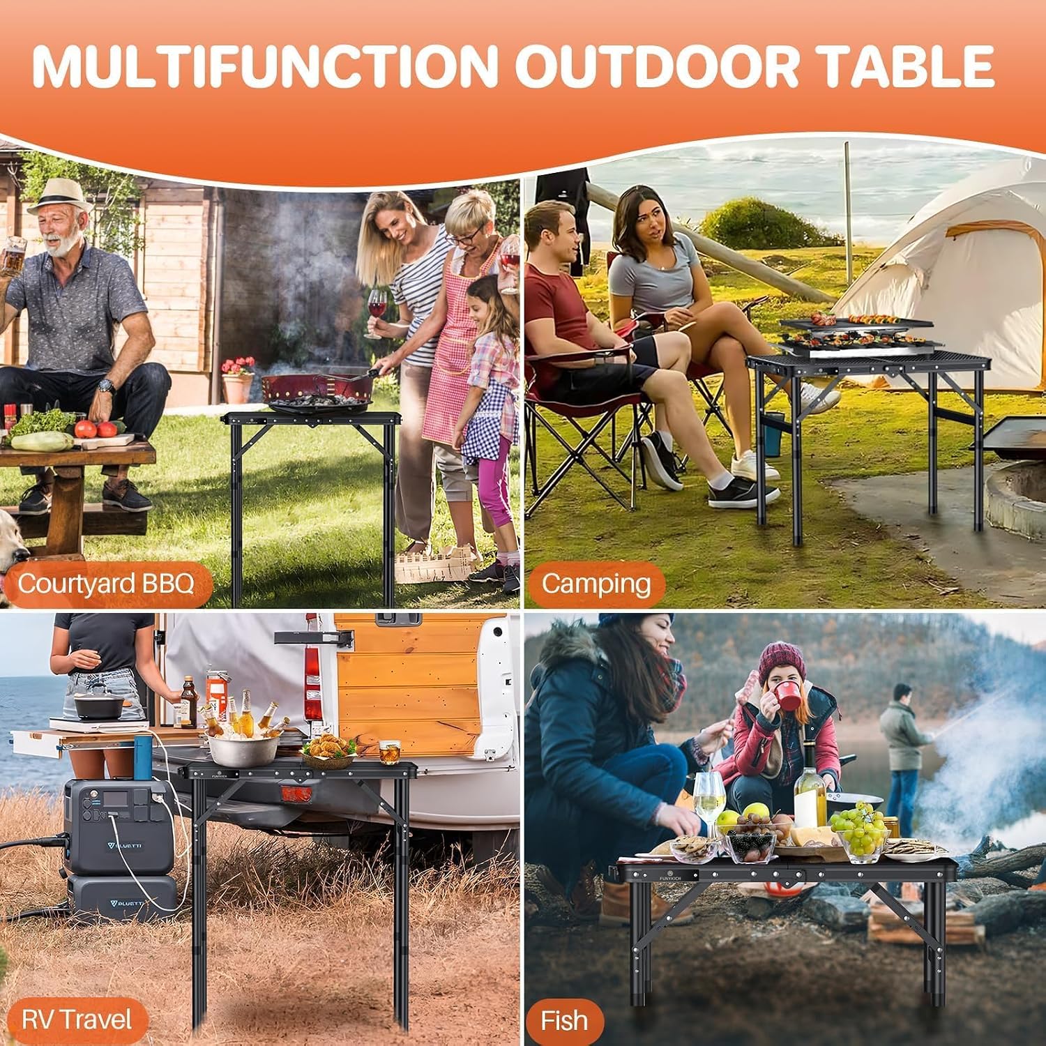 Detalle de FUNYKICH FUN021UKA Folding Grill Table, 3 Heights, 58 x 40 cm, Black