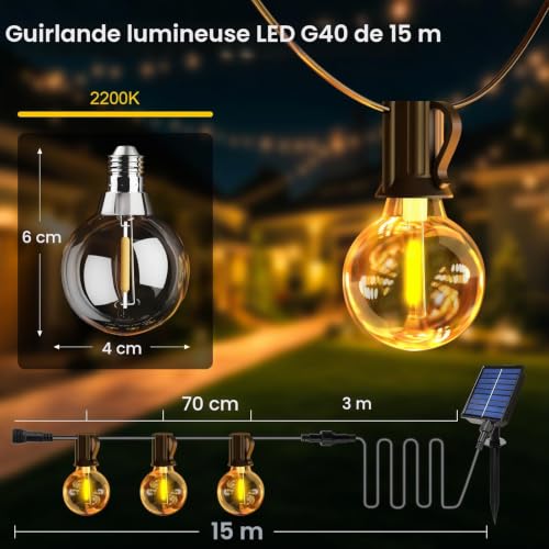 Thumbnail 4 de Guirlande Lumineuse Exterieure Solaire 15M ArsMotin – 17+1 LED G40 IP65 avec Télécommande