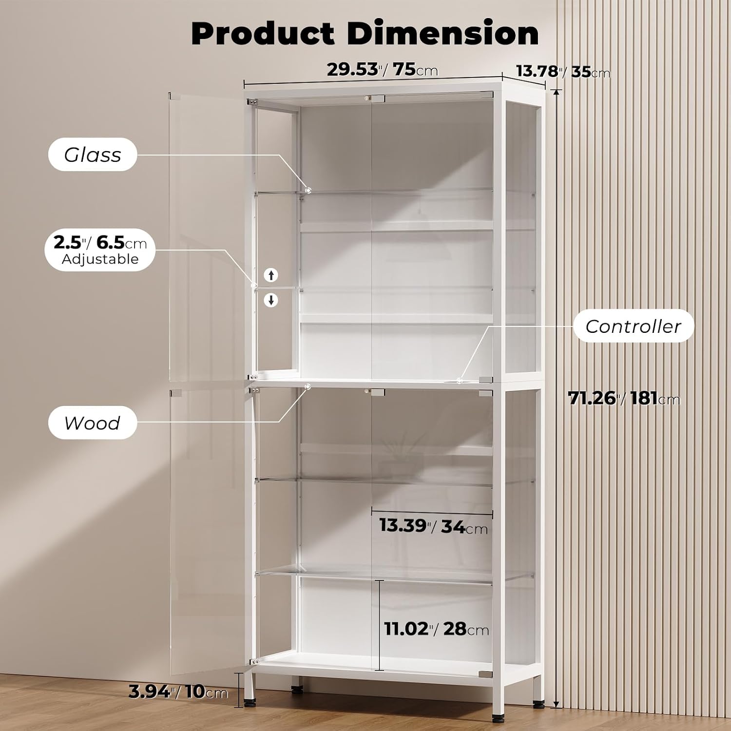 Detalle de BROTTAR 80086 Display Cabinet, 6-Tier White Curio Cabinet with Glass Doors and LED Lights