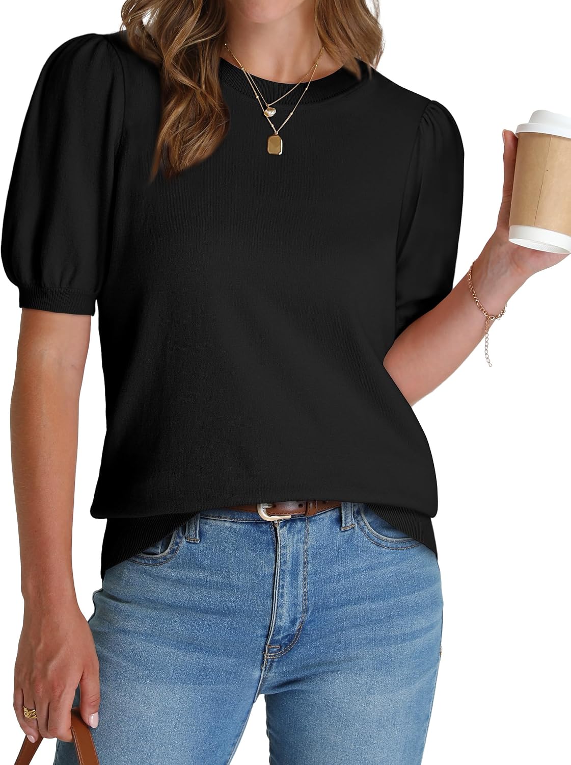 Detalle de WIHOLL Women’s Puff Short Sleeve Sweater Top for Work and Casual Wear