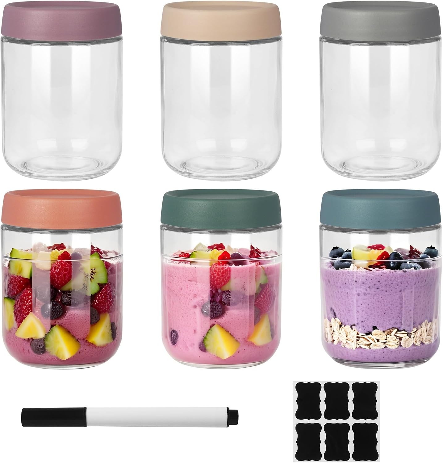 Detalle de ACOMTUO 6-pack overnight oats-burkar i glas, 500 ml med skruvlock