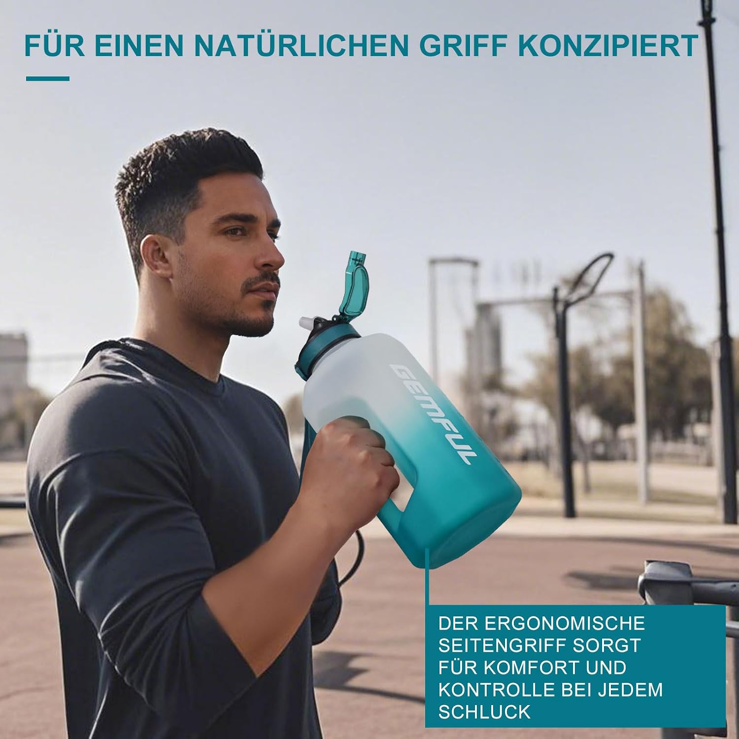 Detalle de GEMFUL 2.2L Sport-Trinkbehälter mit Strohhalm – Zeitmarkierung für optimale Flüssigkeitszufuhr