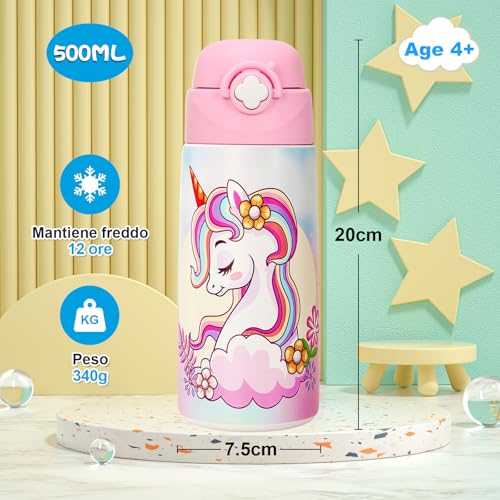 Detalle de Ntswasd Borraccia Termica Bambini 500 ml in Acciaio Inox Unicorno – BPA free, antileak, con cannucia e pulizia