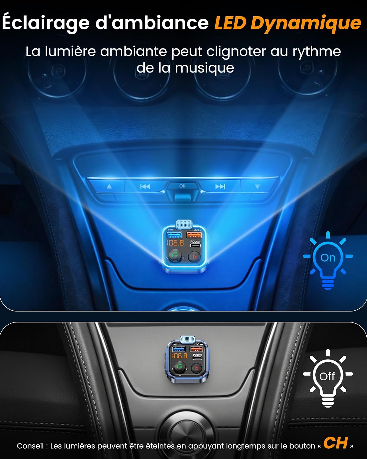 Detalle 2 de LENCENT Bluetooth FM-zender voor de auto met USB-C, QC 3.0 en basversterking
