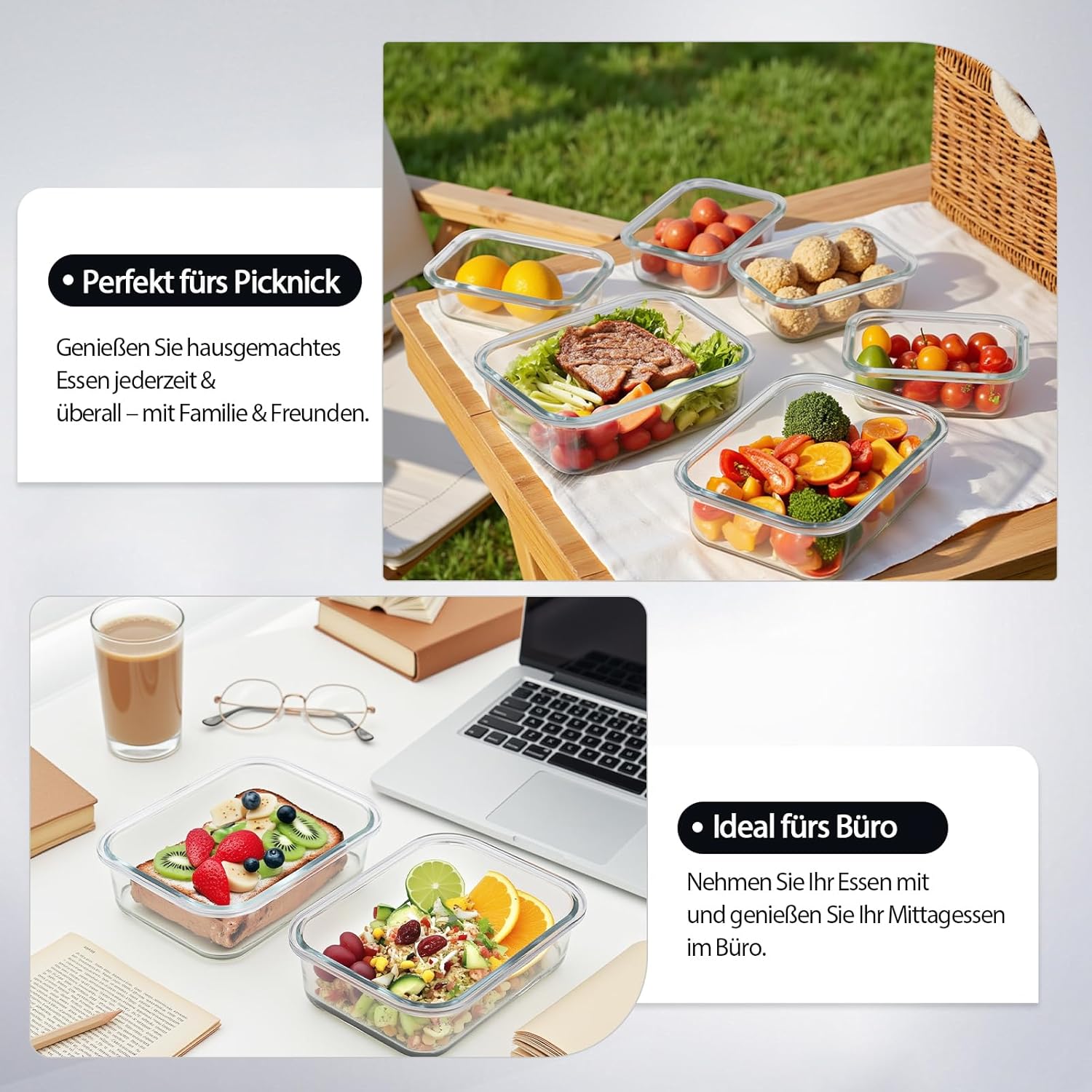 Thumbnail 6 de Fenger Brotdosen-Set aus Borosilikatglas mit Deckeln – 20-teilig (10× 370 ml + 10× 1.040 ml), auslaufsicher