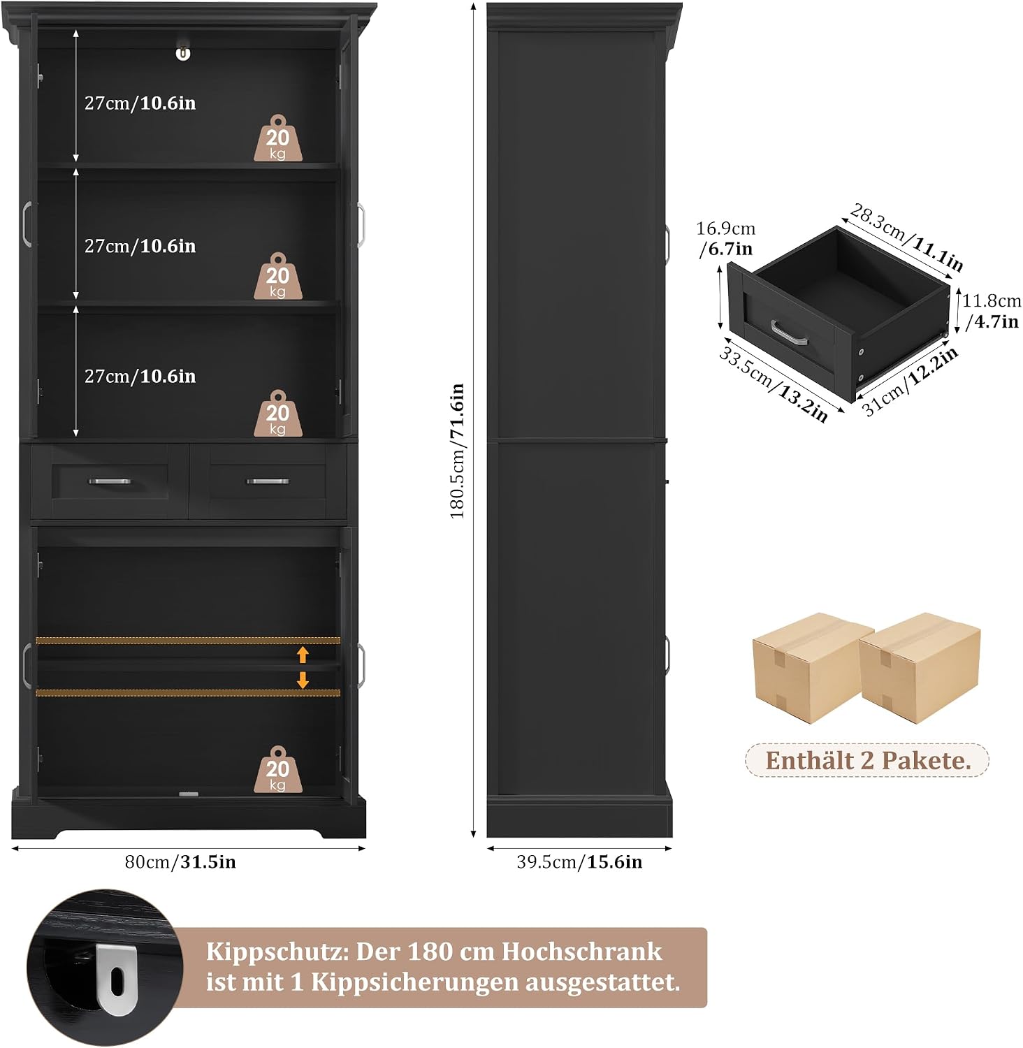 Detalle de FirFurd P470 Tall Kitchen Cupboard, 4 Doors, 2 Drawers, Black