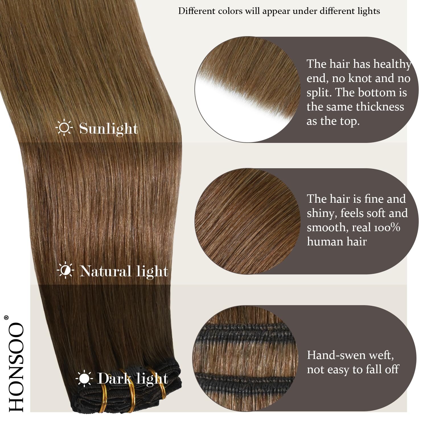 Detalle de Honsoo Chestnut Brown Remy Clip-In Hair Extensions (18 inch, 70g, 7pcs) – Real Human Hair, Silky & Soft