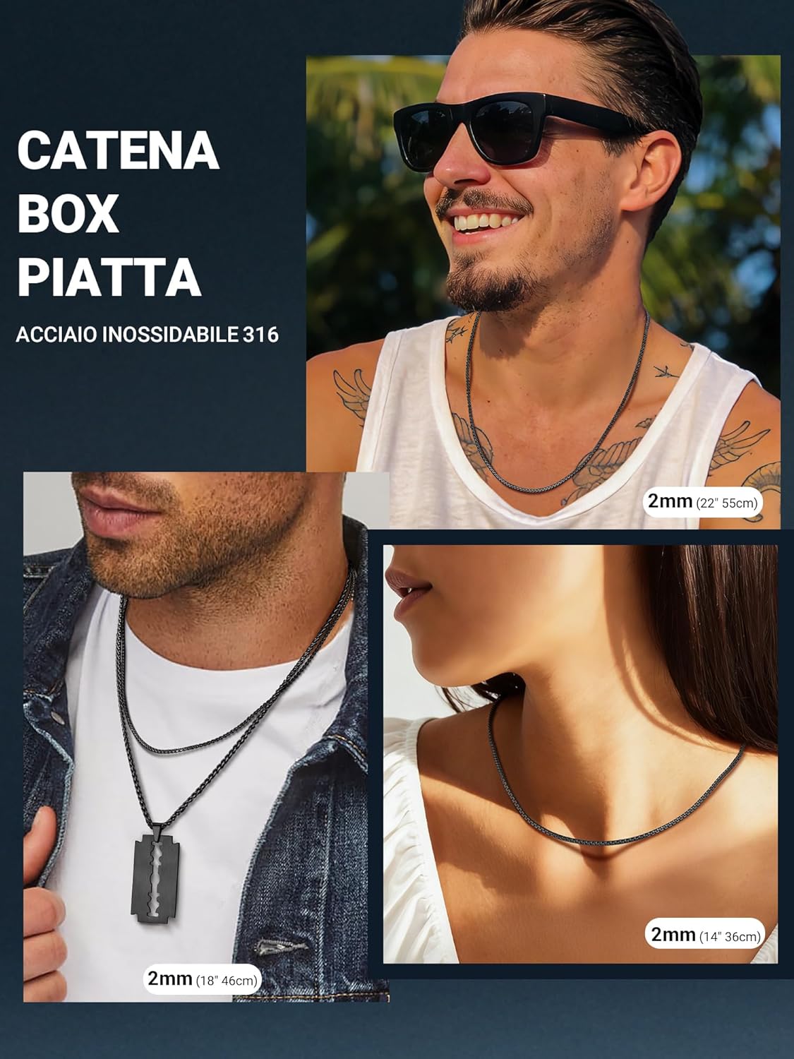 Thumbnail 6 de PROSTEEL collana da uomo a catena piatta in acciaio inox 316L, larghezza 4/6 mm, accento argento/nero/oro e confezione regalo