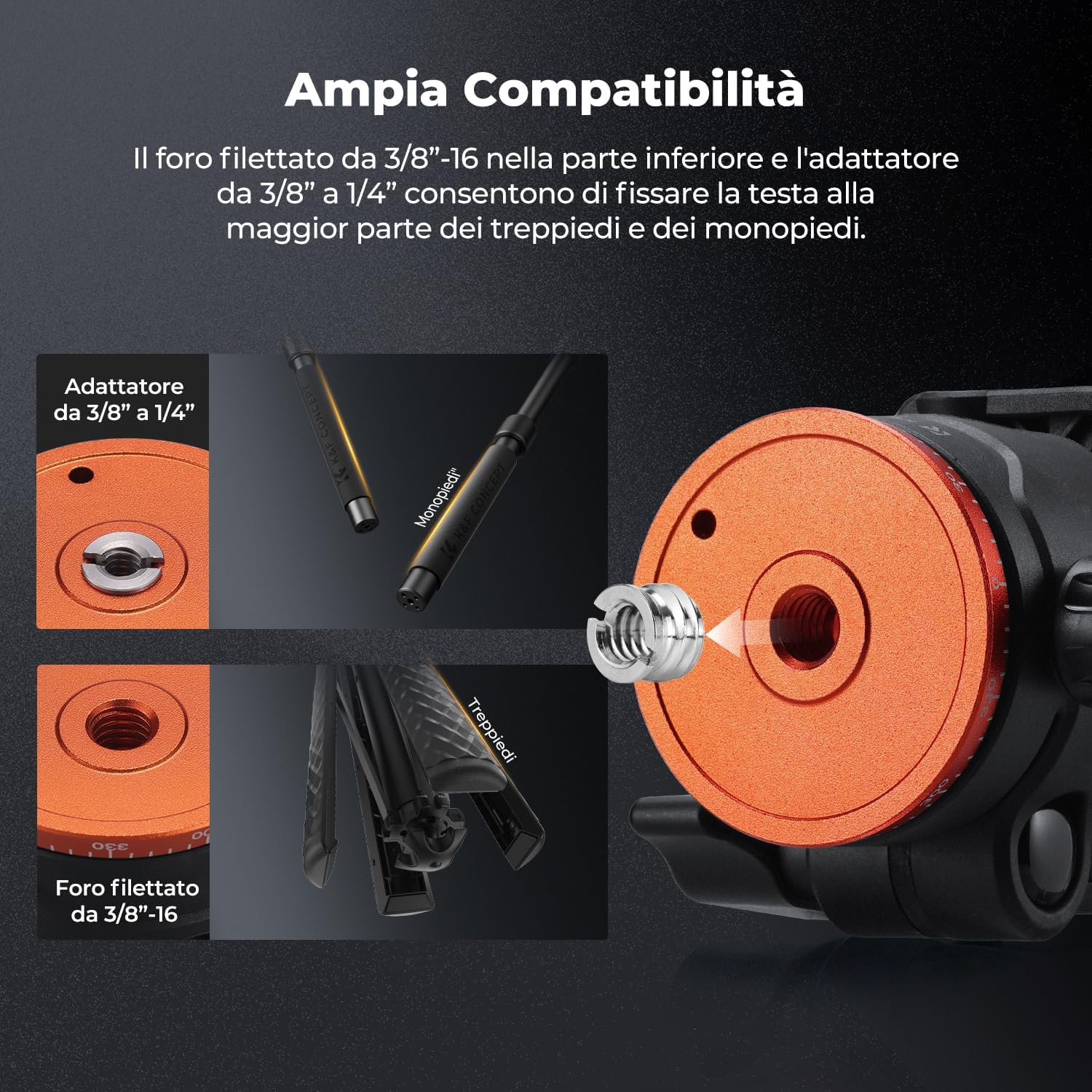 Thumbnail 5 de K&F CONCEPT Testa panoramica da 36 mm per treppiede – 8 kg, attacco Arca Swiss e rotazione a 360°