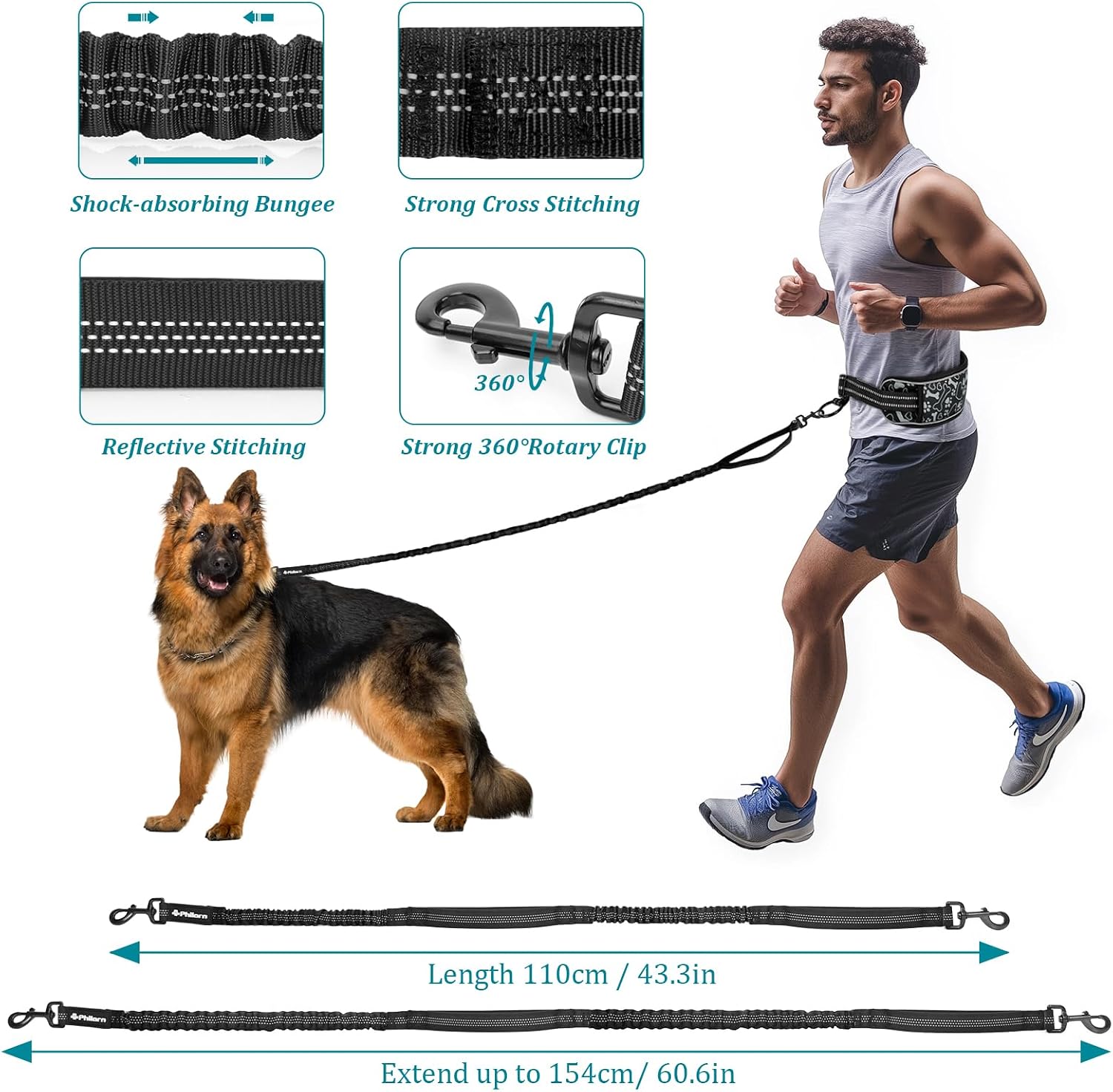 Detalle de Philorn Heavy Hands Free Dog Lead with Wide Waist Belt – Dual Handles, 50kg Shock Absorbing Bungee, Reflective for Medium to Large Dogs
