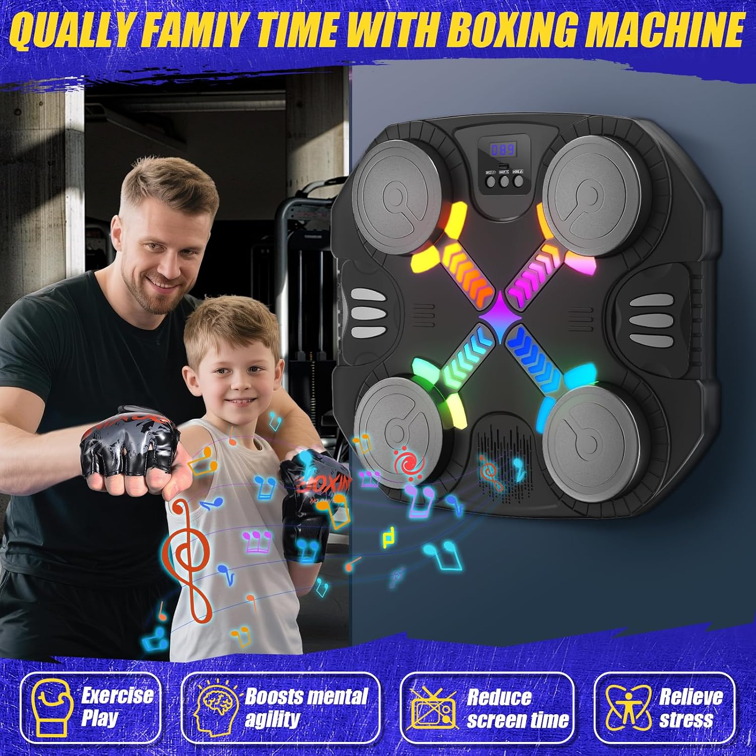Detalle de Esnowlee Music Boxing Machine for Kids: Wall-Mounted Bluetooth Punch Pad with Gloves (3–12 years)