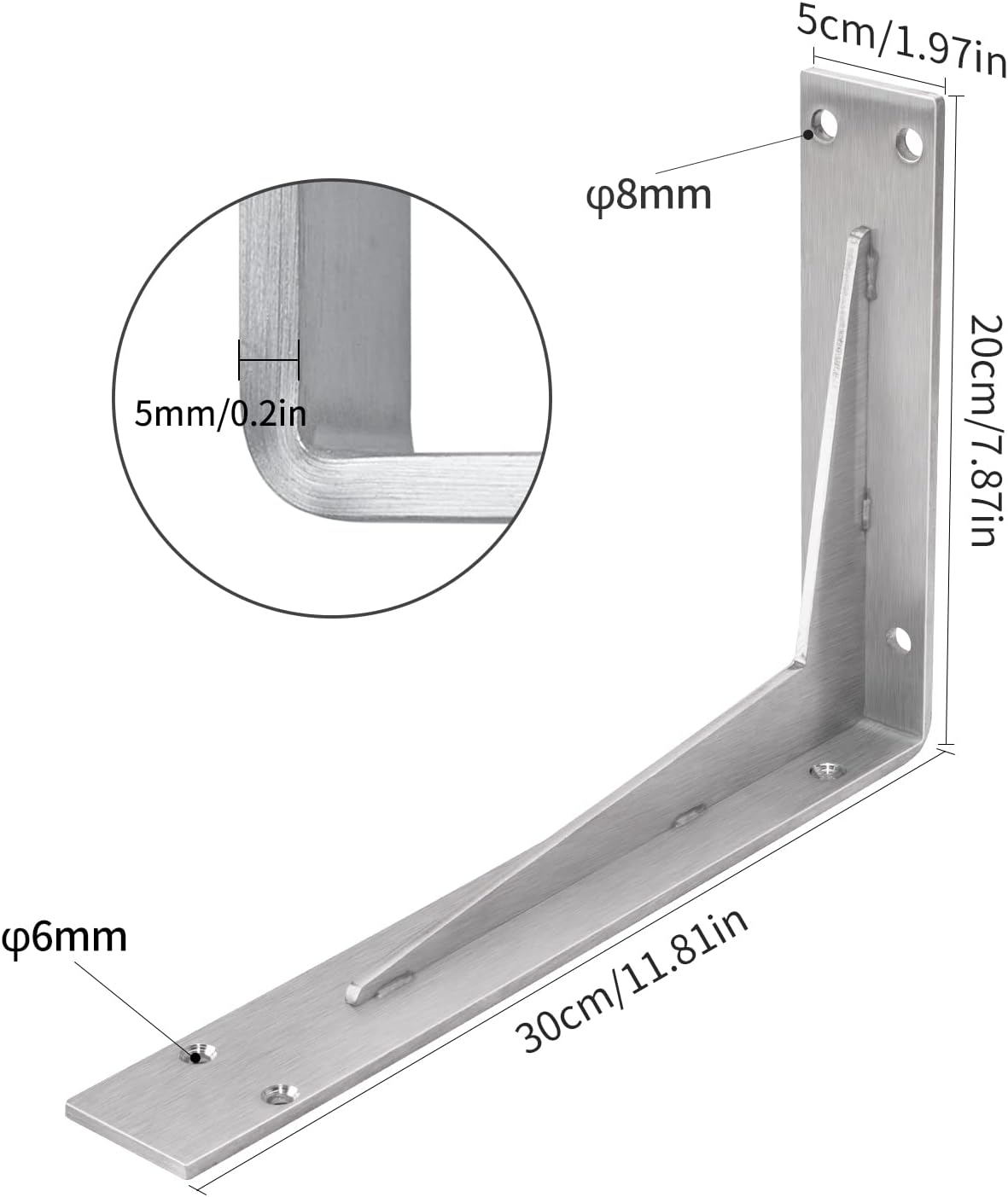 Detalle 2 de YUMORE Countertop Support Brackets 300x200x50mm (2 Pack) – Heavy Duty Stainless Steel Shelf Brackets