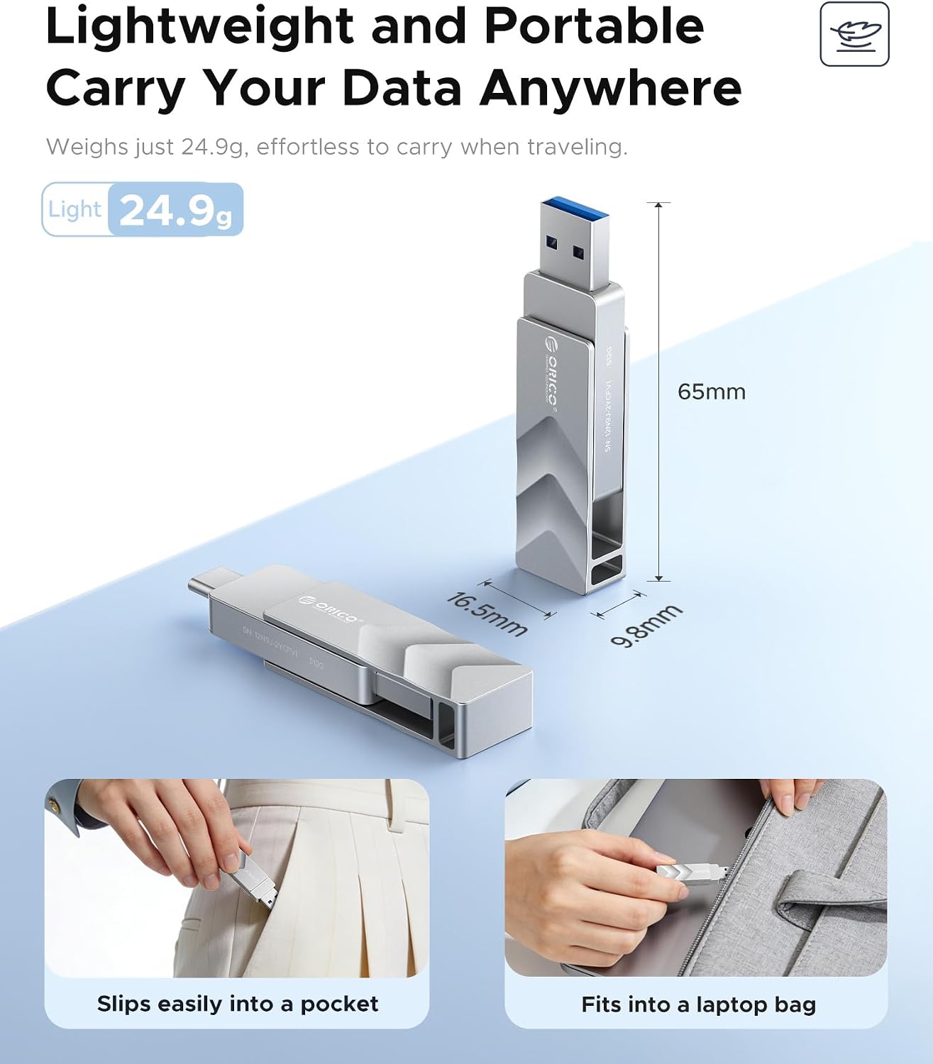 Detalle de ORICO Clé USB 128Go USB‑C dual connecteurs (A et C) – USB 3.2 Gen 1, OTG, 150 Mo/s