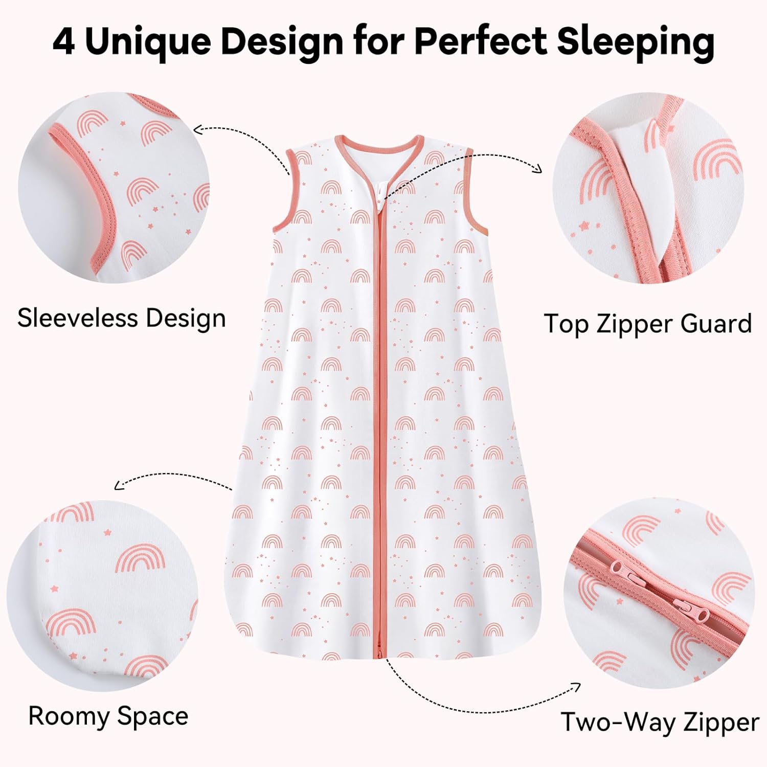Thumbnail 2 de Unnivoll 3er Pack Schlafsack Baby Sommer 0.5 Tog 100% Baumwolle – 84 cm, Weiß/Rosa Regenbogen