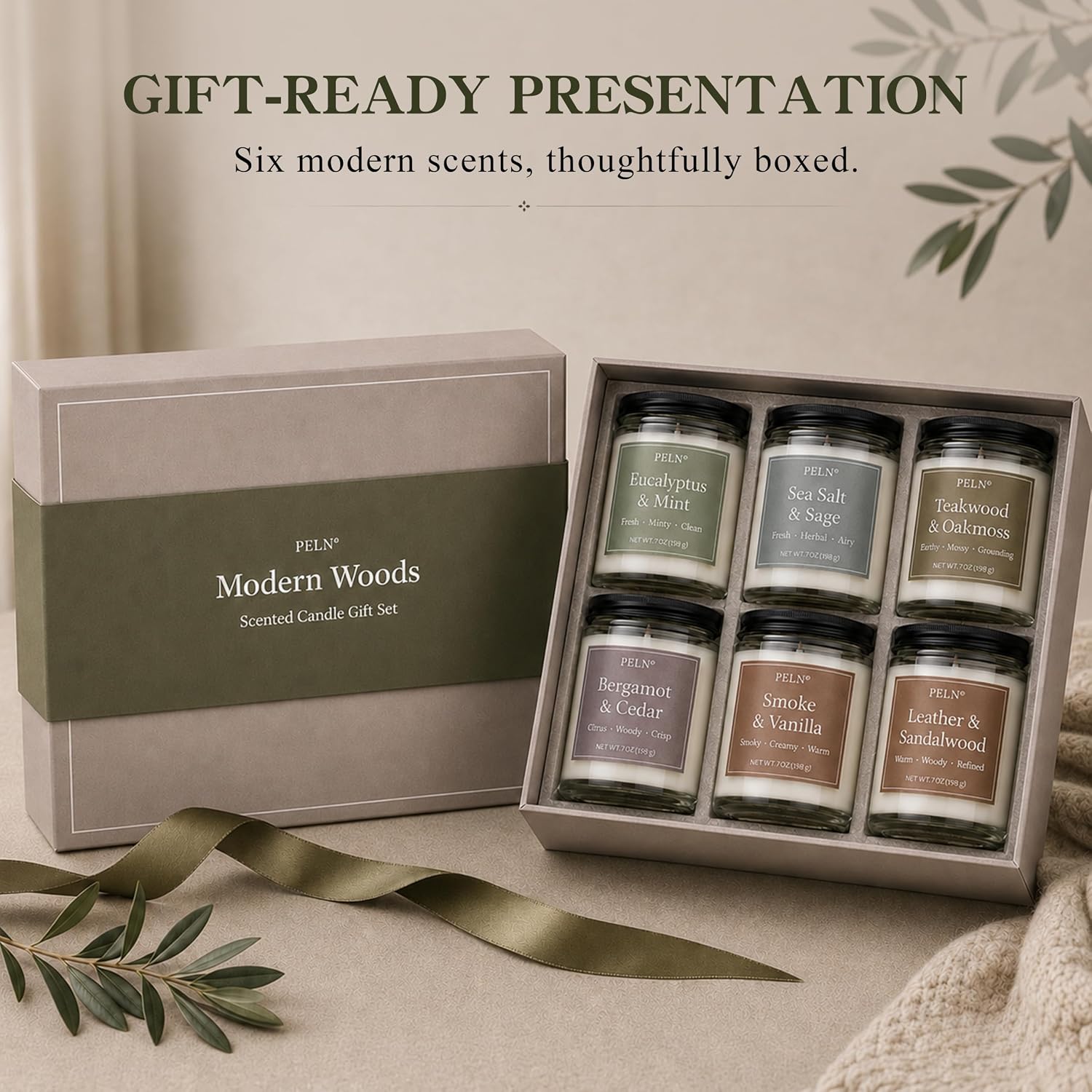 Thumbnail 6 de PELN Modern Woods Soy Wax Candle Gift Set, 6 Scents, 7 oz Each