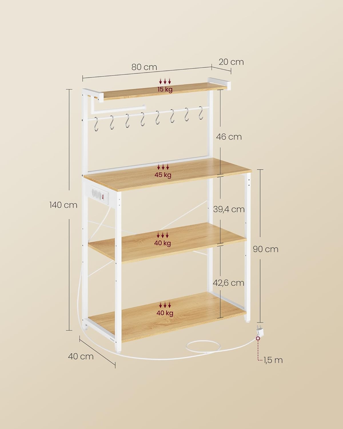 Thumbnail 5 de VASAGLE Scaffale da Cucina con Multipresa 40 x 80 x 140 cm