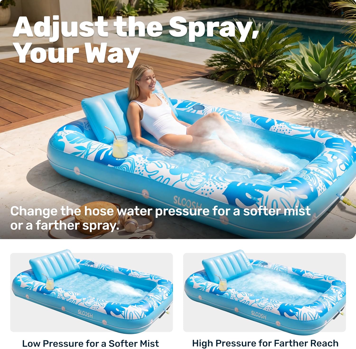 Thumbnail 3 de SLOOSH Misting System Inflatable Tanning Pool Lounger Float — 70" x 46", 6-in-1 Cooling & Lounge with Pillow & Cup Holders