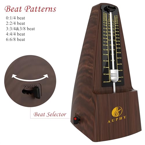 Detalle de AUPHY M350 Classico Metronomo Meccanico con Campana – Versione in Legno con Grammofono e Rimetti Tempo per Pianoforte, Chitarra, Sassofono, Batteria, Clarinetto