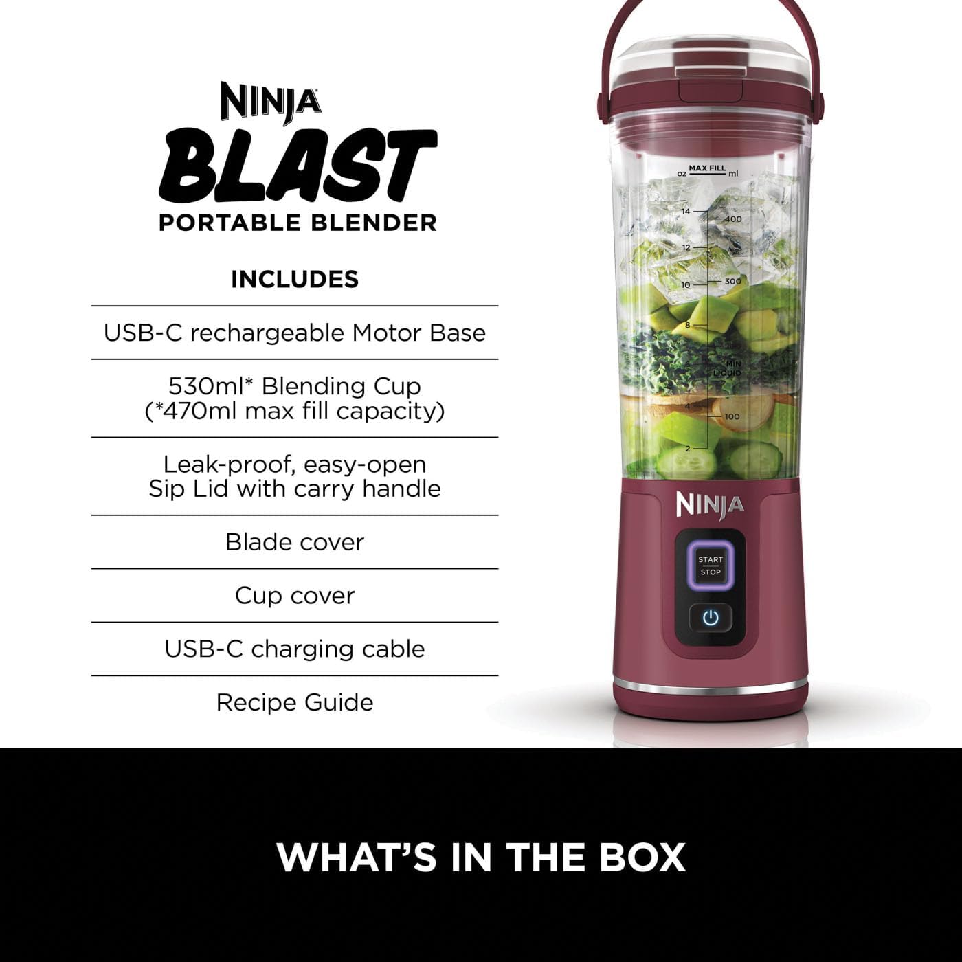 Detalle de Ninja Blast Portable Blender BC151UKCR (Cranberry Red) – 530ml cordless mini blender with leakproof lid