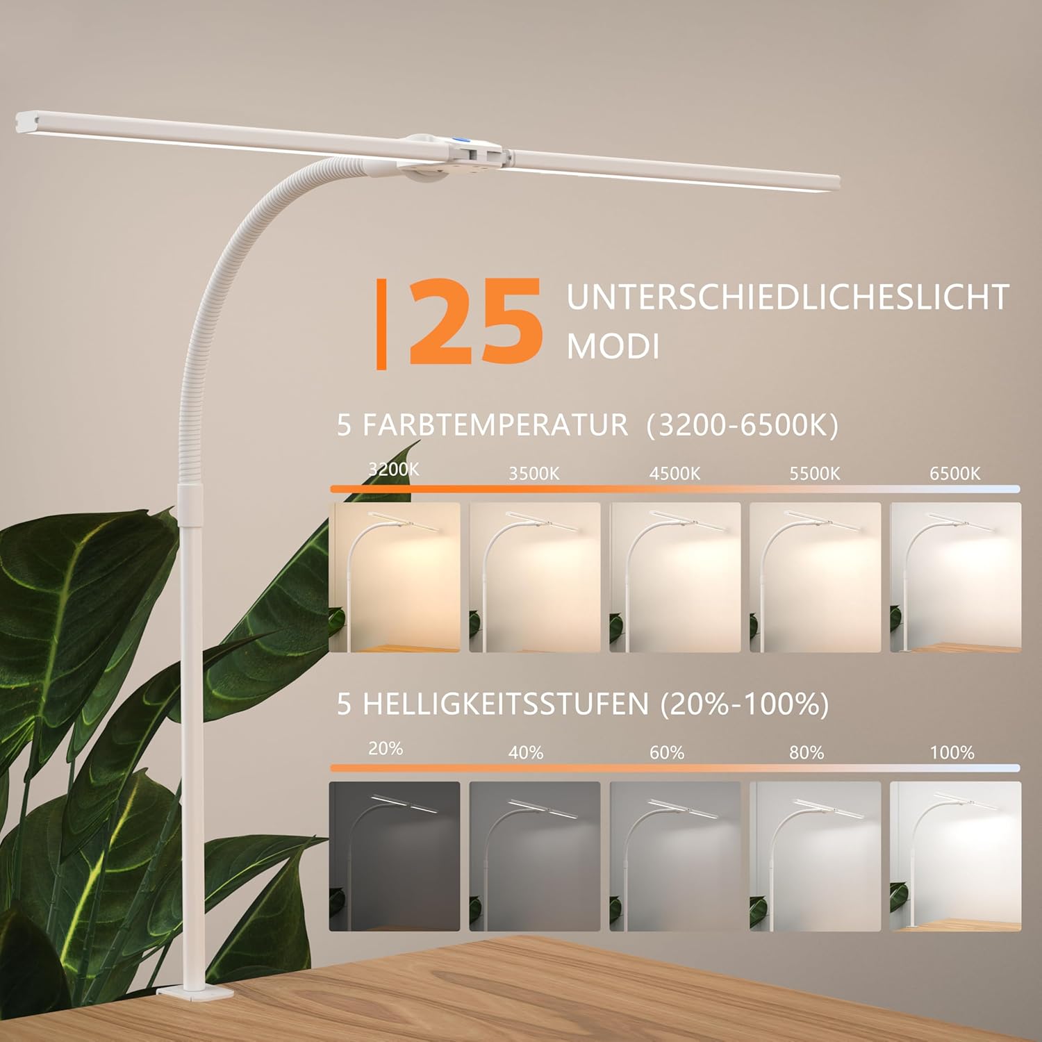 Thumbnail 3 de Doppelkopf Schreibtischlampe LED – dimmbar, 1200 Lumen, 5 Farbtemperaturen und 5 Helligkeitsstufen mit Schwanenhals und Cliphalter