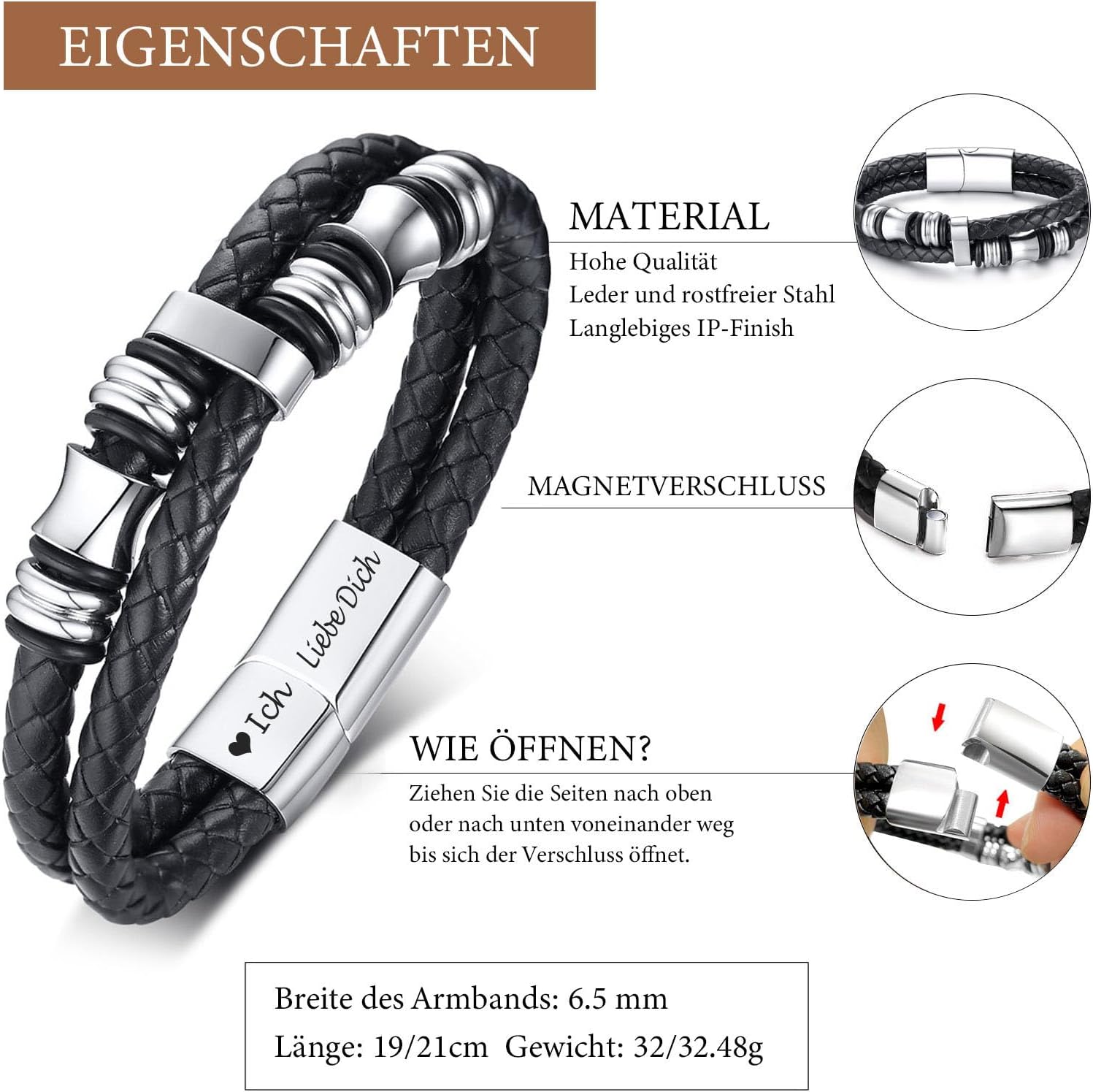 Thumbnail 5 de Herren Lederarmband mit Gravur „Ich Liebe Dich“ – Armband für den Sohn als Geschenk für Papa