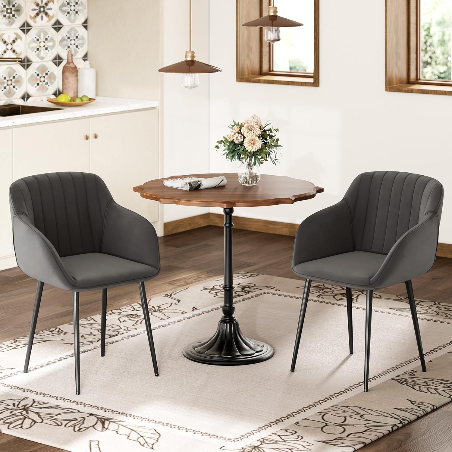 Thumbnail 5 de Goeurvant Set Sedie Cucina da 4 con Bracciolo in Velluto Grigio Scuro – Comfort ed Eleganza per la Sala da Pranzo