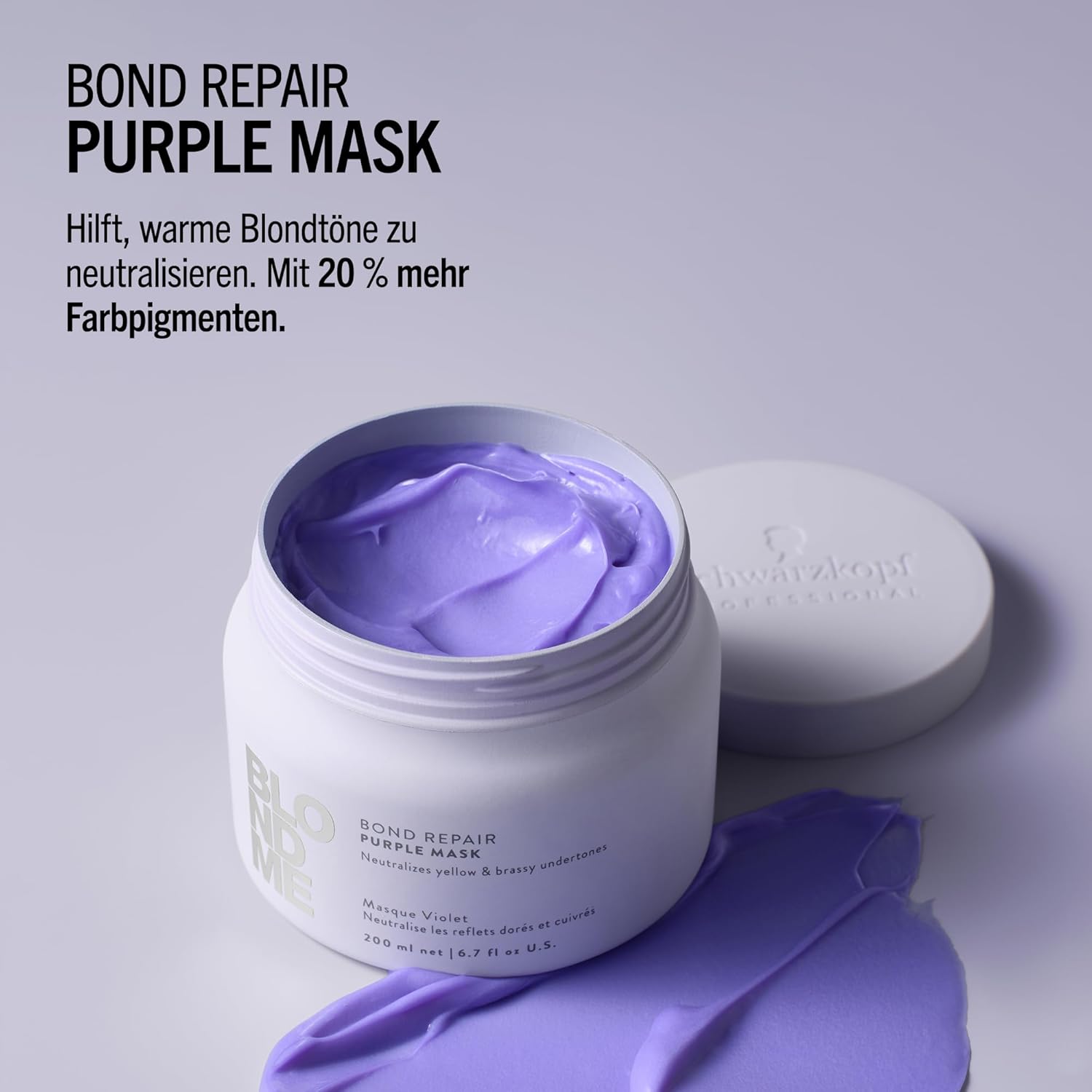 Detalle de BLONDME Bond Repair Purple Mask – Ausgleichende Haarpflege für gefärbtes Blondhaar (200 ml)