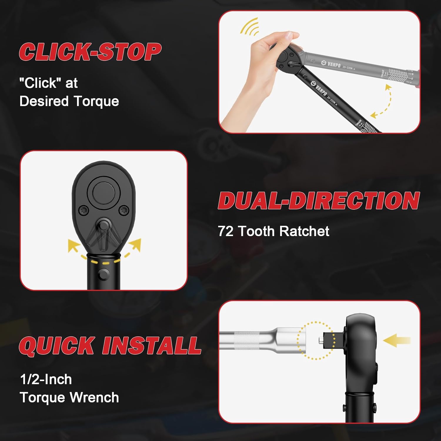 Thumbnail 2 de VANPO 1/2-Zoll Drehmomentschlüssel-Set 20–220 Nm (3-teilig) für Auto & Motorrad
