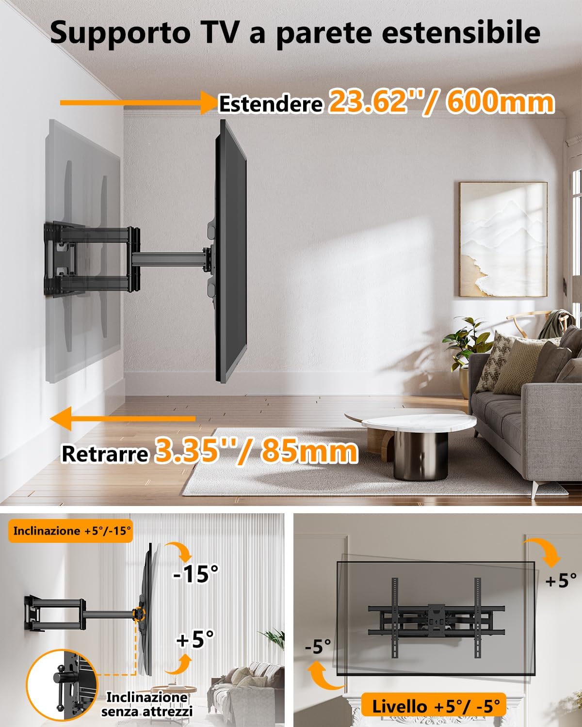 Detalle de WHYFONE Supporto TV Parete da 60–120 pollici con Bracci Doppio Snodo, Estendibile e Inclinabile, VESA 200x100–1000x600mm