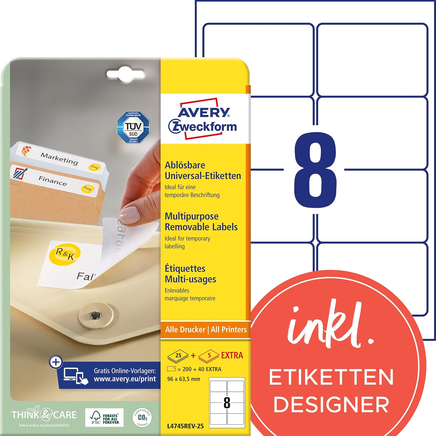 Detalle 2 de AVERY Zweckform 4782-65 Universal Etiketten — 97x67,7 mm, 520 Blatt + 120 Etiketten, UltraGrip Rückseite