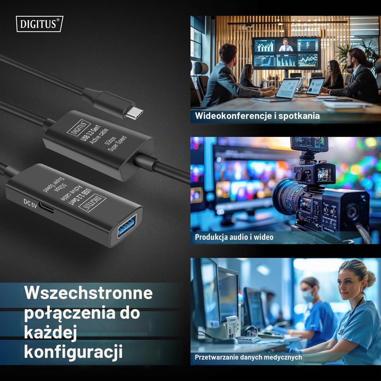 Detalle 1 de DIGITUS DA-70139-2 – aktywny przedłużacz USB 3.2 Gen1, 10 m, 5 Gbit/s