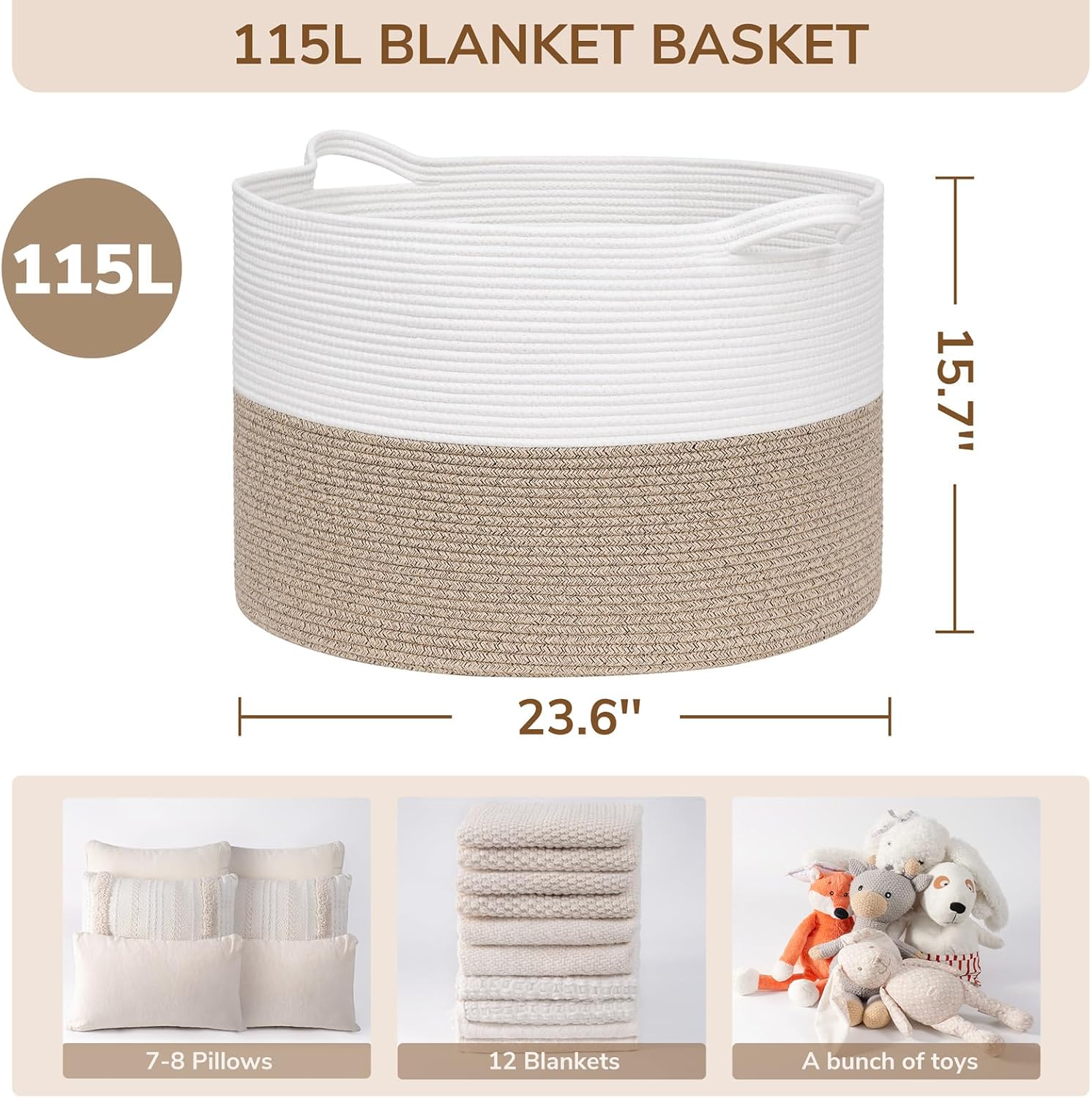 Detalle 2 de INDRESSME rack08-XL 115Llight brown 115L Cotton Rope Storage Basket