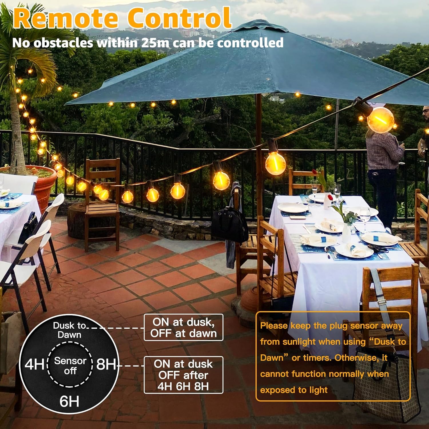 Detalle de Ollny Festoon Lights Outdoor 10m mains string lights with RF remote, timer and shatterproof G40 bulbs
