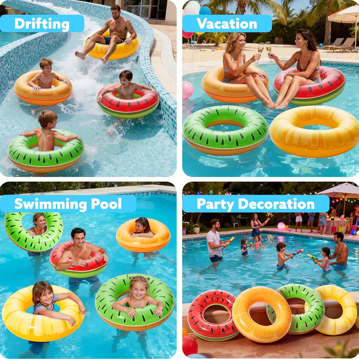 Thumbnail 6 de Sloosh 4 Pack Inflatable Fruit Pool Floats: Watermelon, Kiwi, Pineapple, and Orange Tubes