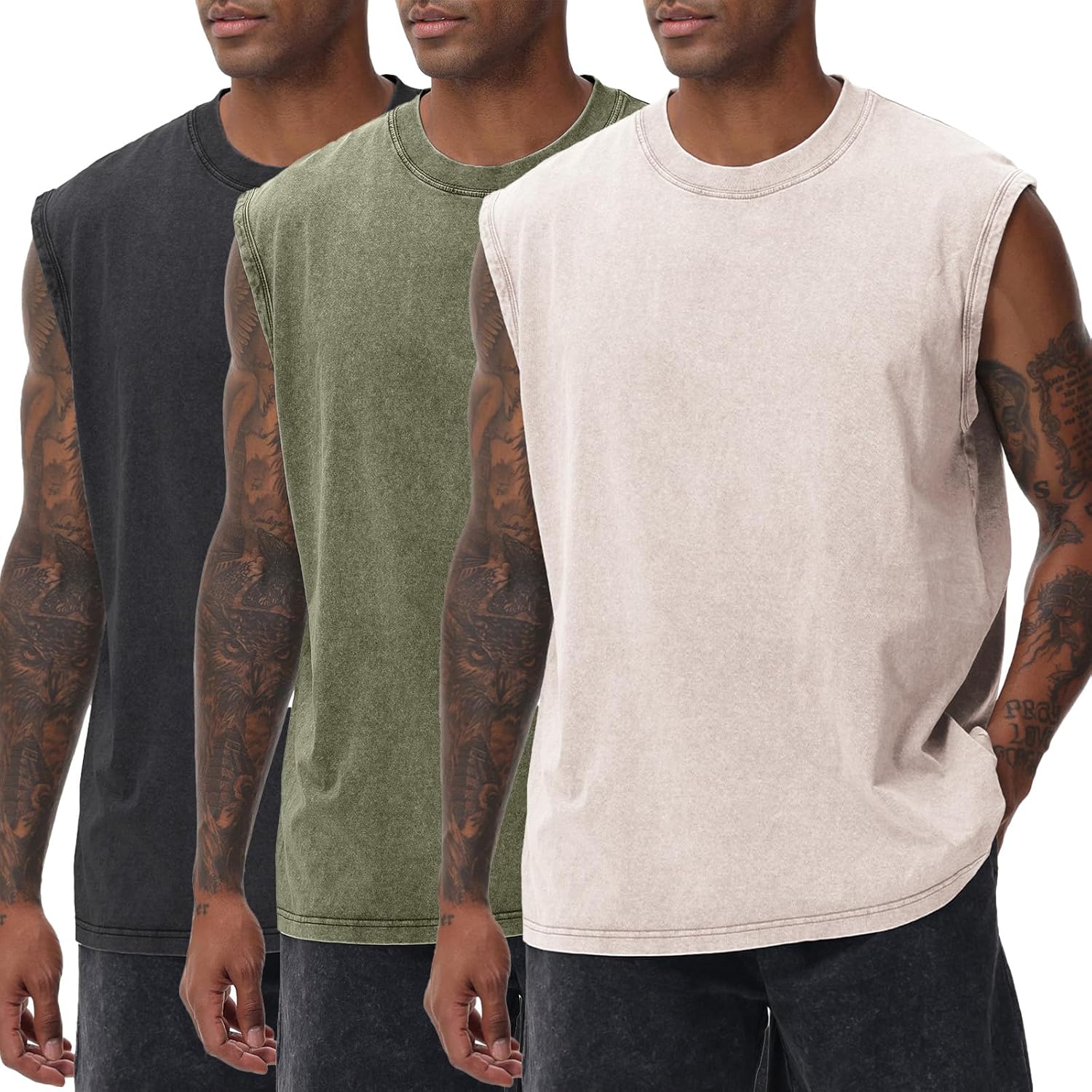 Detalle de SnowElve Men's Workout Tank Top: Acid-Washed Sleeveless Tee for Gym and Beach