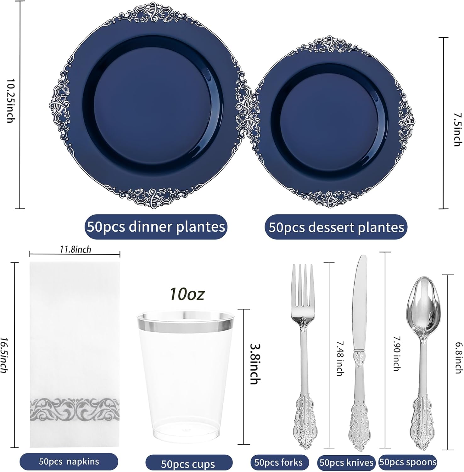 Detalle de Hioasis 350pcs Blue and Silver Disposable Party Plates Set for 50 Guests