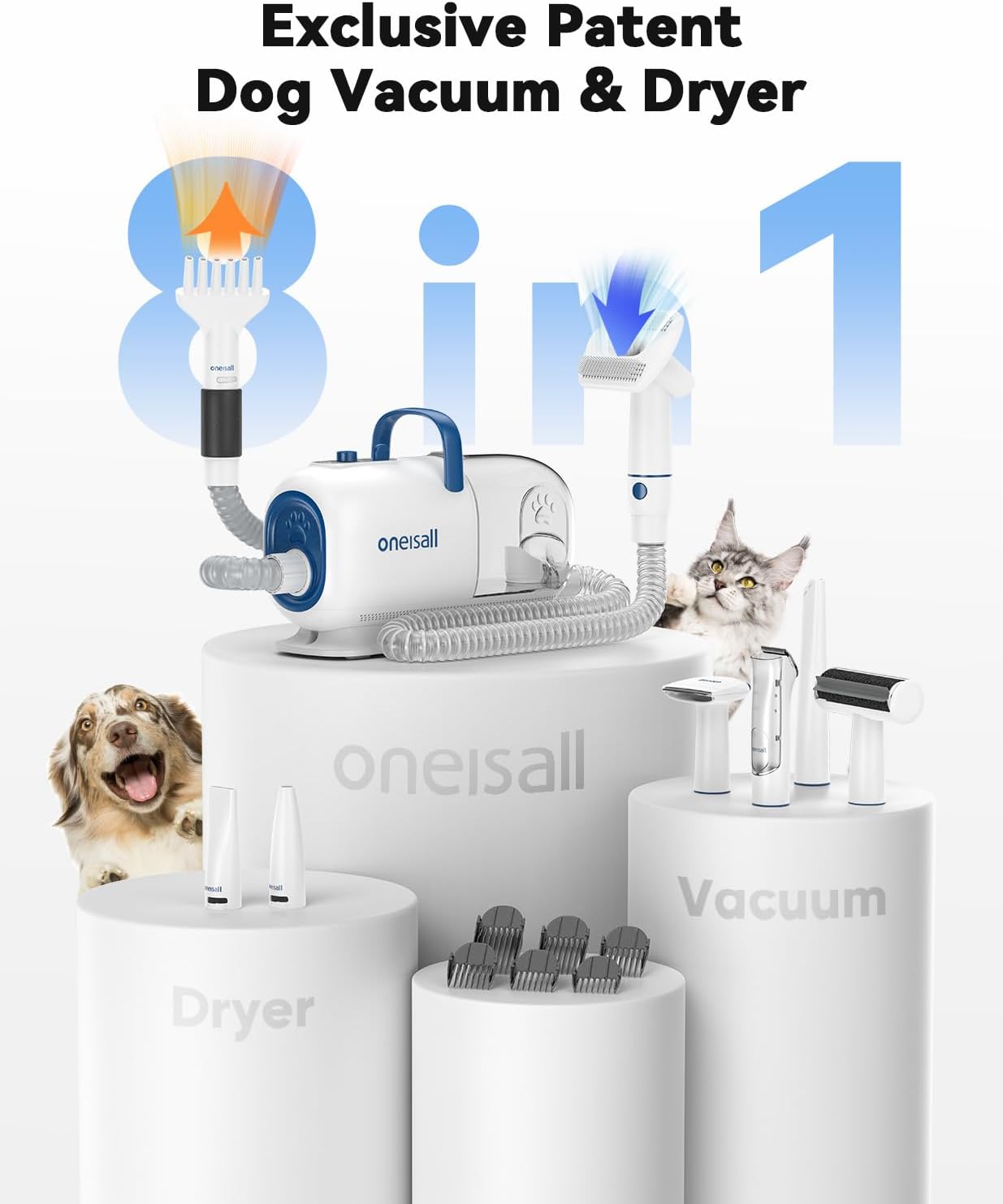Detalle de oneisall Hundeschermaschine mit Staubsauger & Haartrockner, 2,5-L Staubbehälter, 7 Temperaturstufen (15000 Pa) – Profi Haustierpflegeset