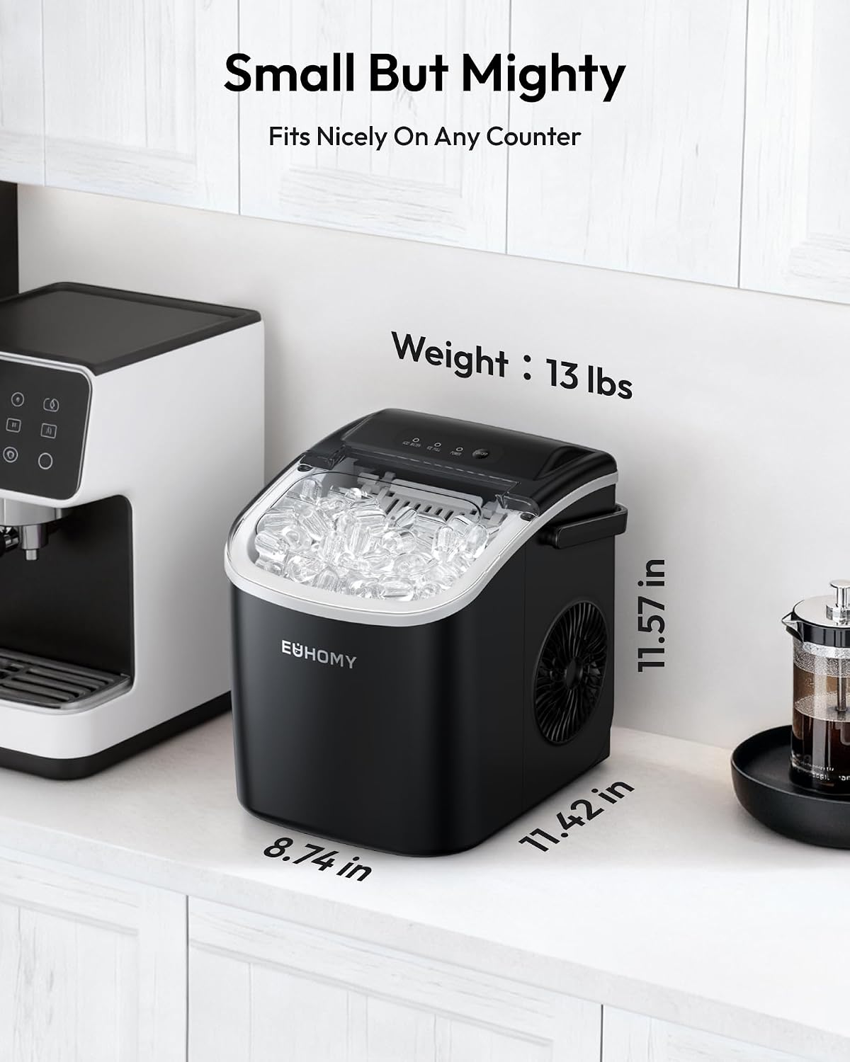 Thumbnail 6 de EUHOMY Countertop Ice Maker Machine with Handle (Black) – 26lbs/24H, Bullet Ice in 6 Minutes