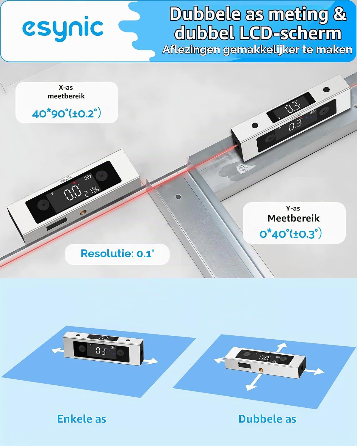 Detalle de eSynic WT504 digitale waterpas met dubbele laser, LCD en magnetische basis