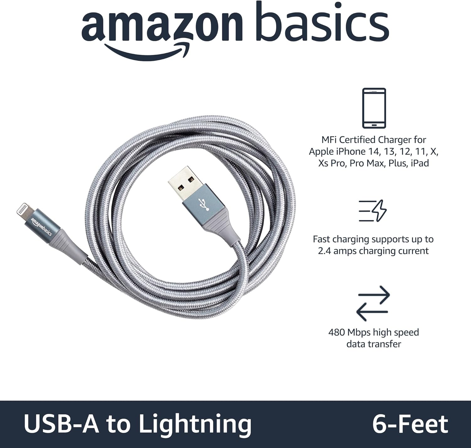 Detalle de Amazon Basics USB-A to Lightning Charger Cable – 1.8 m, Nylon Braided, MFi Certified