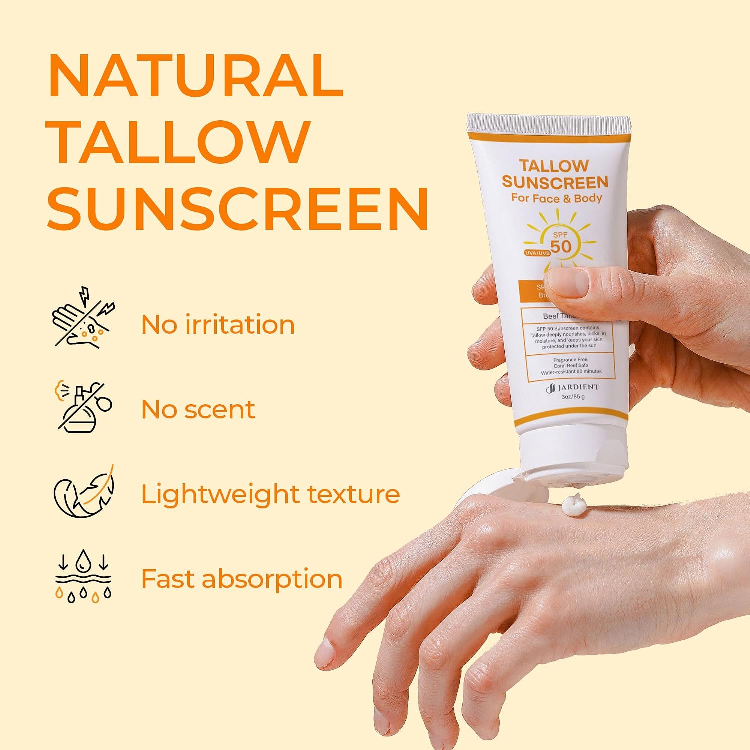 Detalle de Beef Tallow Sunscreen SPF 50 with Mineral – Instant, Non-Greasy Zinc Oxide Sunblock (3 Fl oz / 85g)