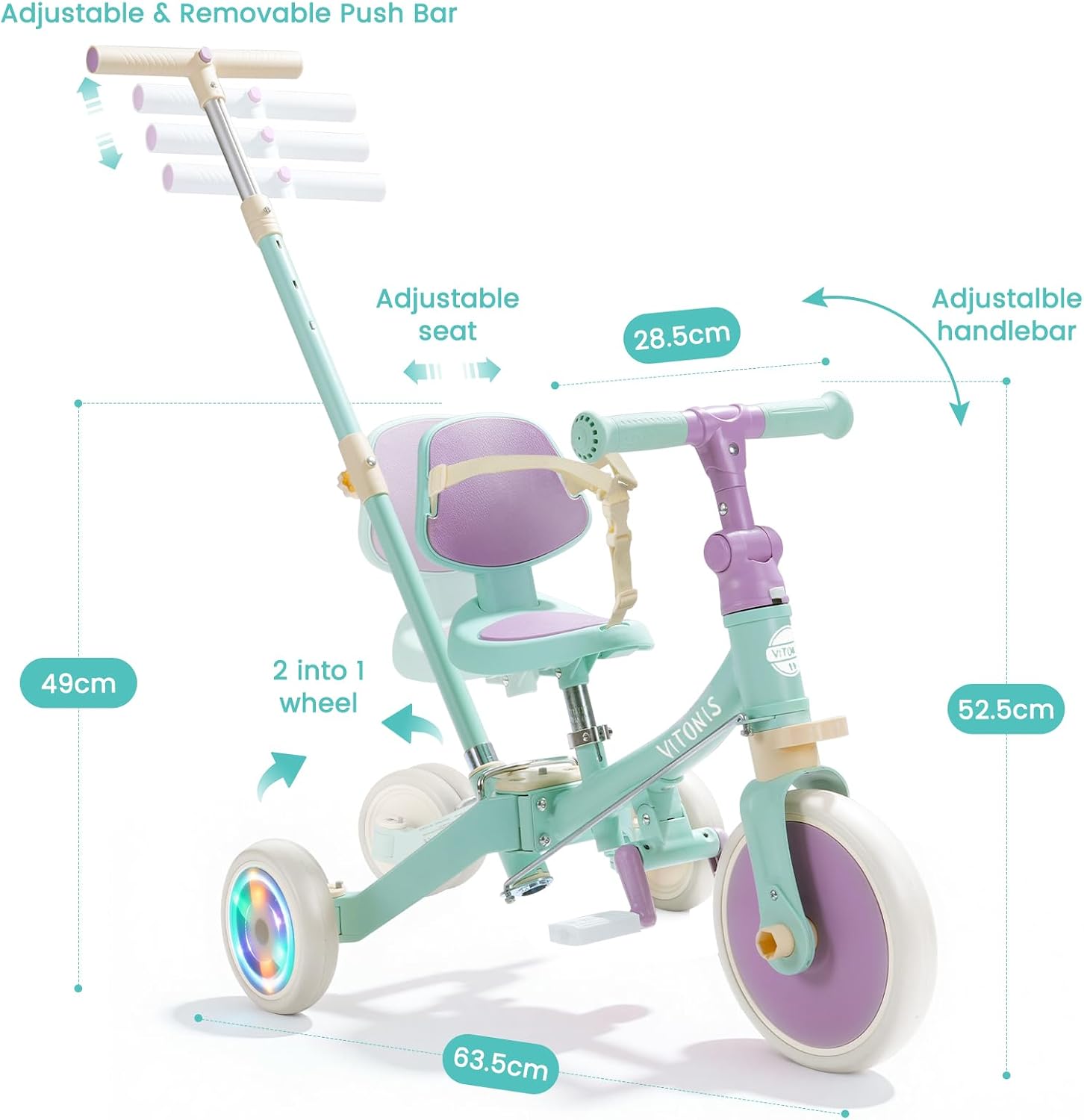 Detalle de VITONIS Triciclo 5 in 1 verde con ruote lampeggianti e cintura di sicurezza (18 mesi–5 anni)