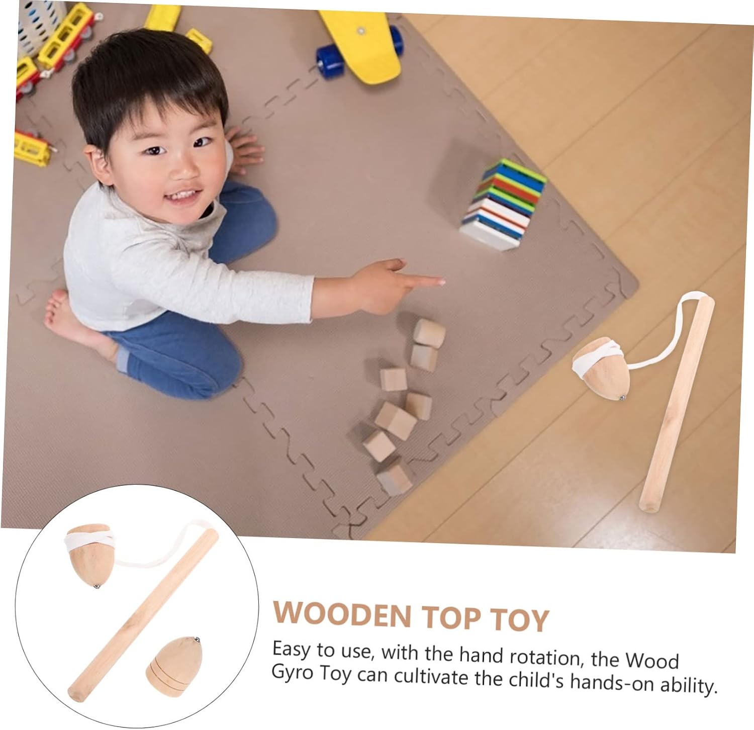 Detalle de JOINPAYA Wooden Gyro Toys Set with Whip – Traditional Chinese Spinning Tops for Hand-Eye Coordination Development