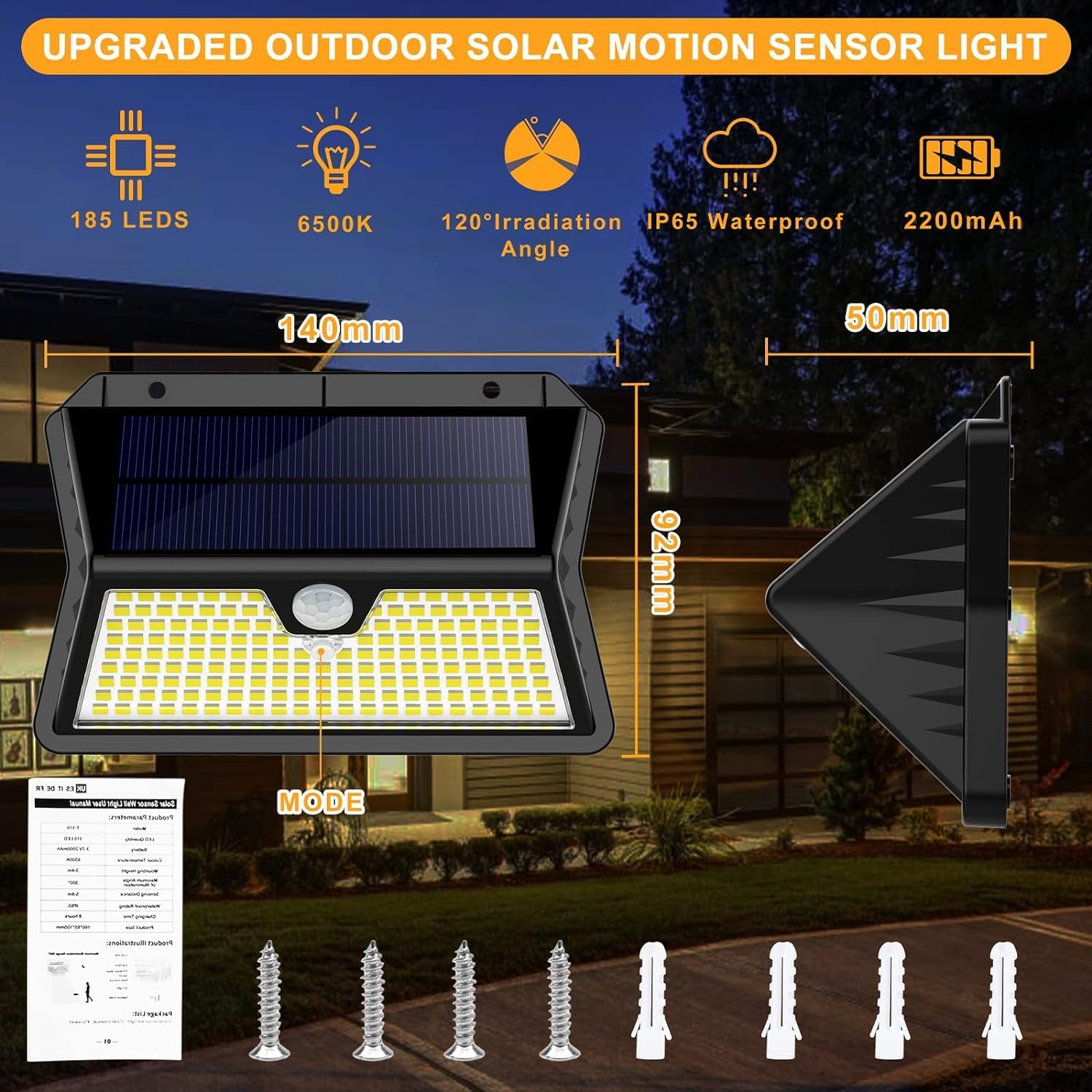 Thumbnail 5 de OUILA Lampe Solaire Extérieur 2-pack avec détecteur, 185 LED, 3 modes (IP65)