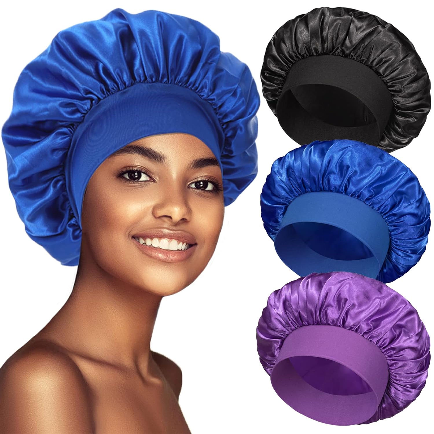 3 Pack Satin Silk Hair Bonnet for Sleeping – Soft, Large Wide Band for Curly Hair & Braids