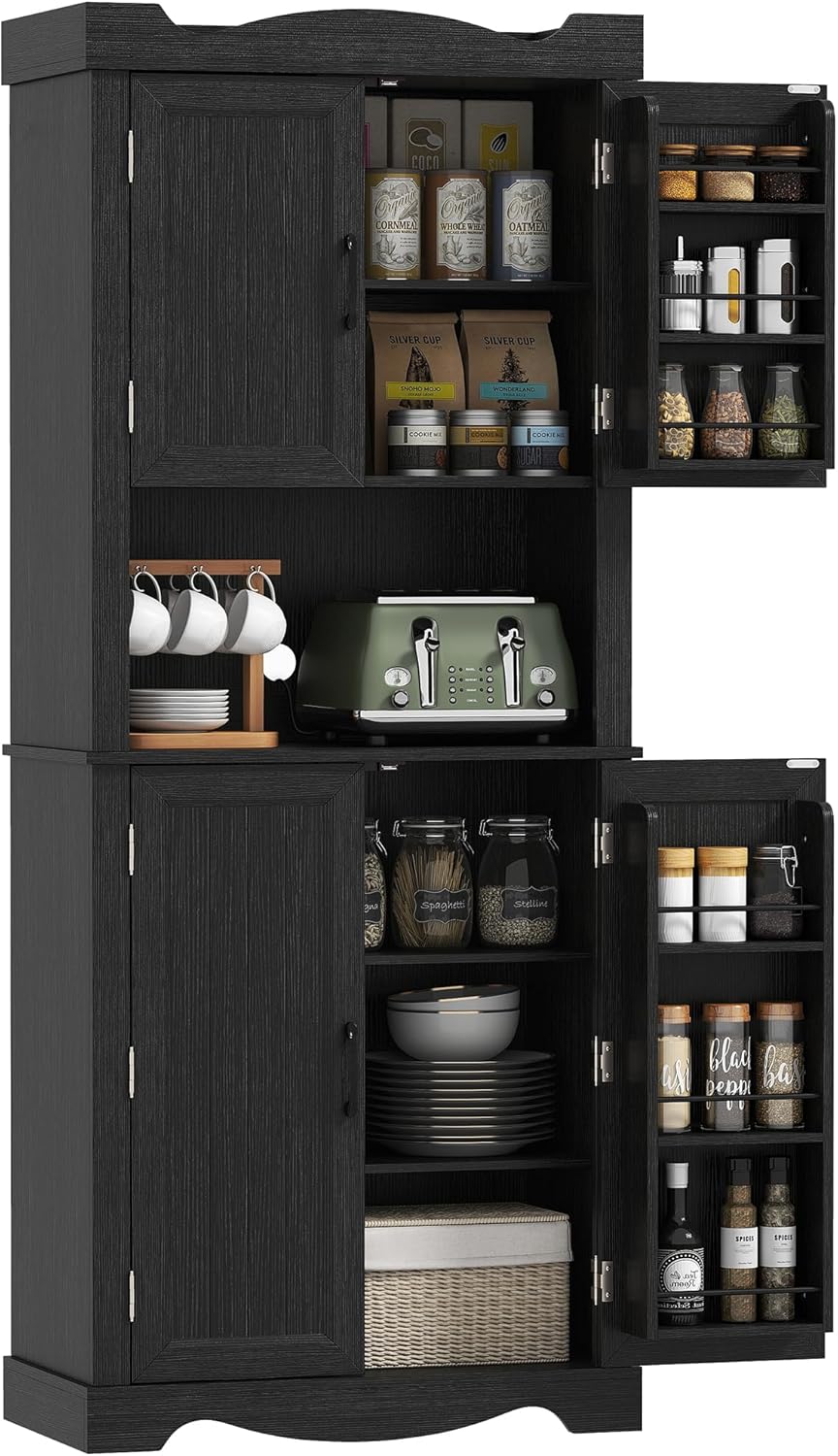 Detalle de HOMCOM 83A-364V80BK Kitchen Pantry Cabinet, 4 Doors, 12 Door Shelves, Black
