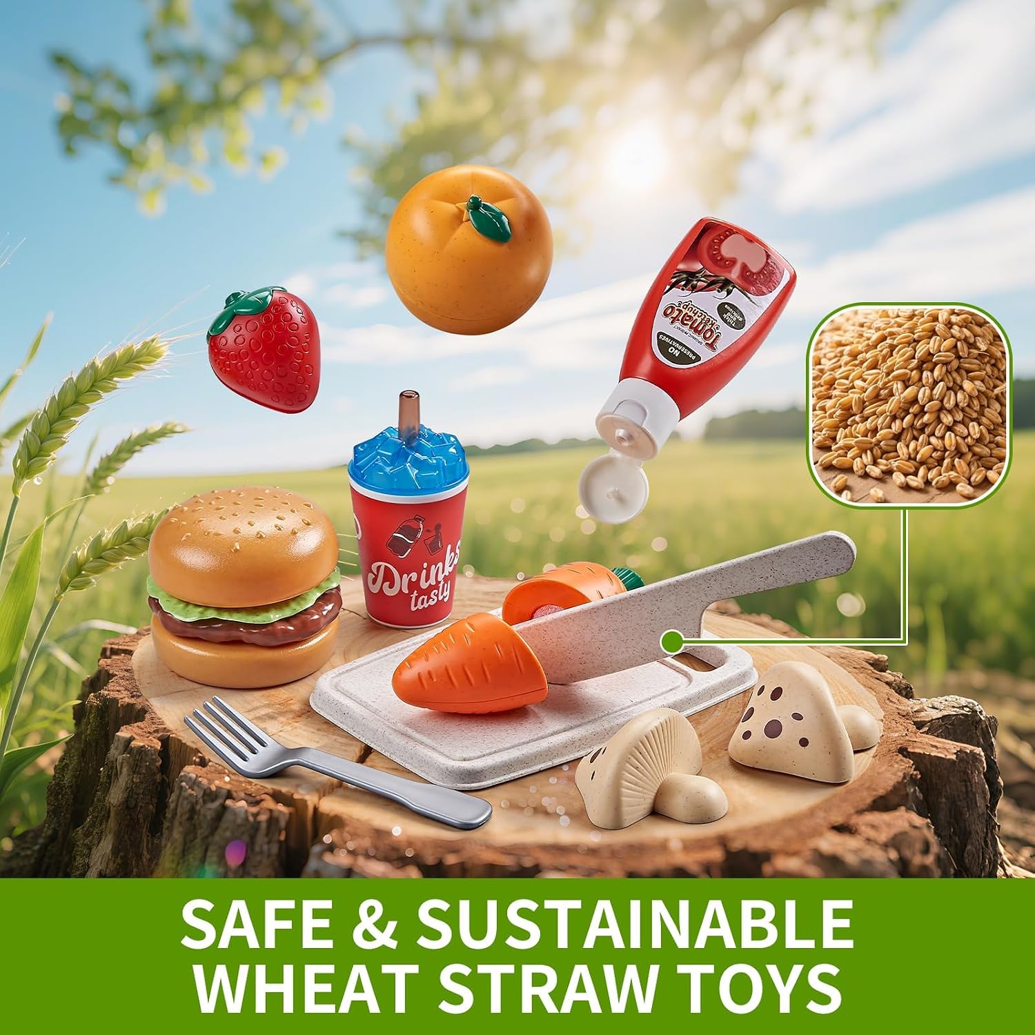 Thumbnail 5 de Play Food Sets for Kids Kitchen: 83-Piece Wheat Straw Pretend Play Food with Picnic Basket and Blanket