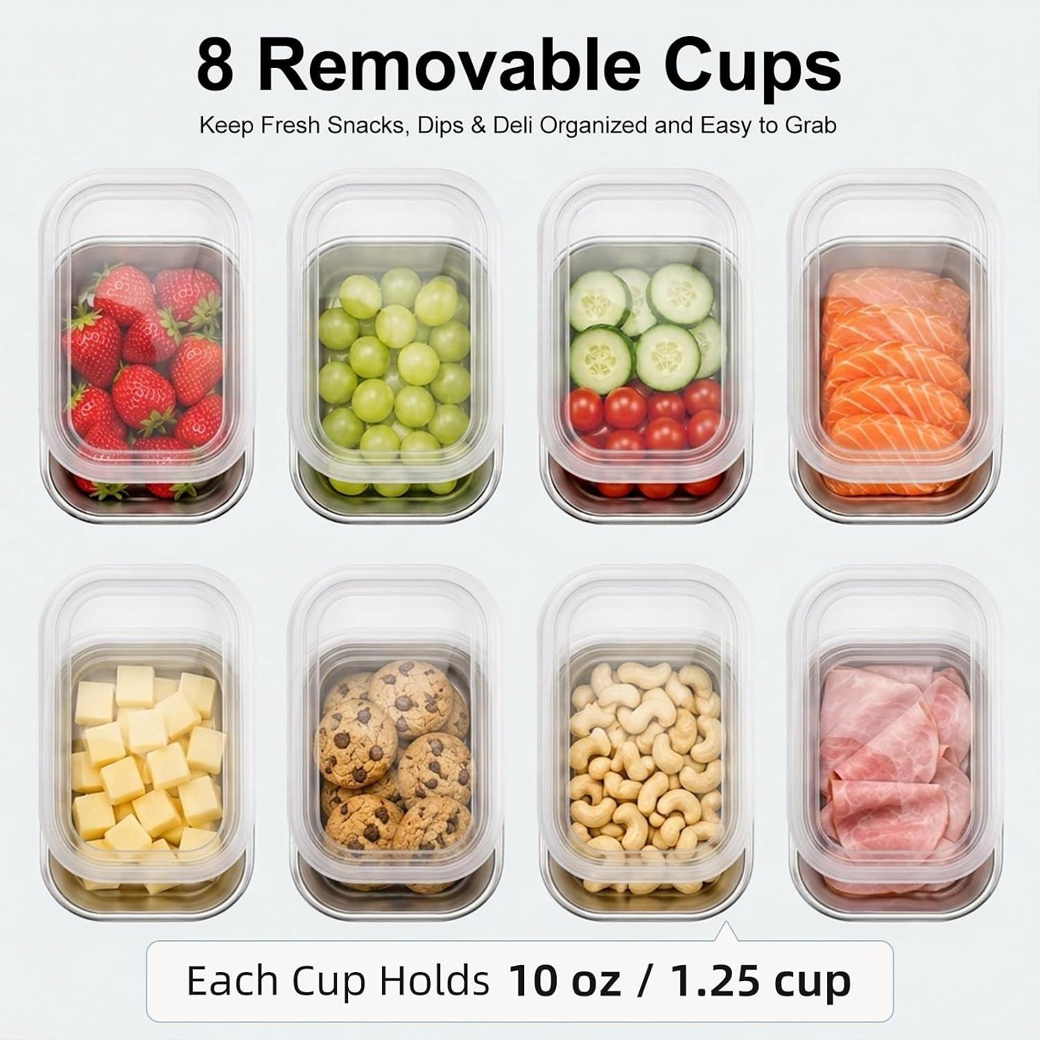 Detalle de Helecors Snackle Box with 8 Stainless Steel Cups, Individual Lids & Ice Pack