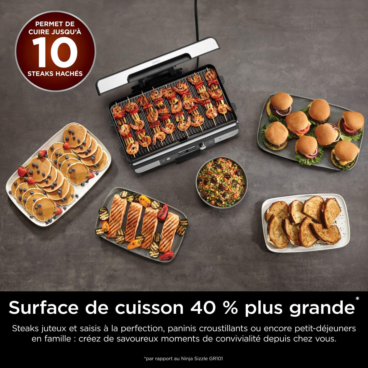 Thumbnail 1 de Ninja Sizzle Pro XL Gril Électrique Intérieur et Plancha Céramique – Gril Multifonction 1150 cm2, Argent/Noir GX101EU